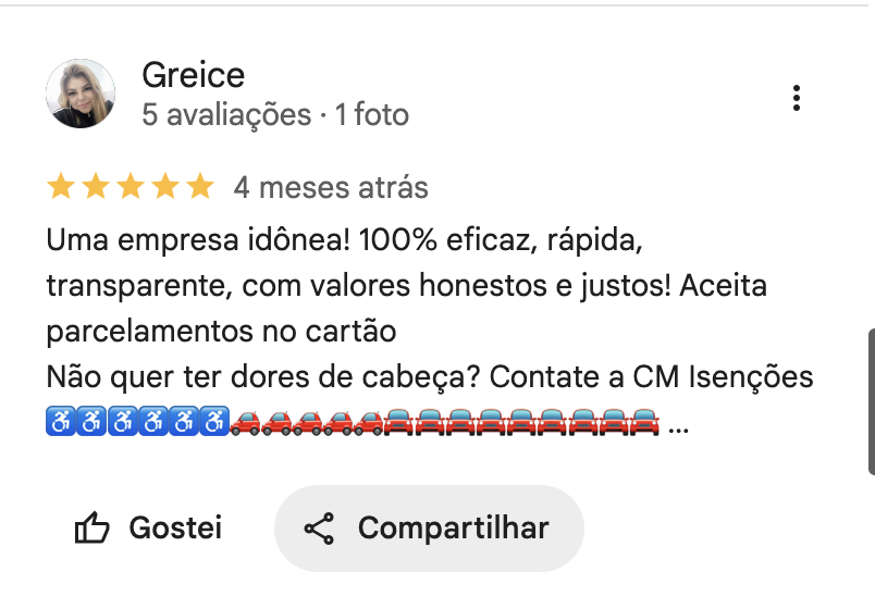 Print da avaliação de Greice no Google, 5 estrelas, 4 meses atrás: "Uma empresa idônea! 100% eficaz, rápida, transparente, com valores honestos e justos! Aceita parcelamentos no cartão."
