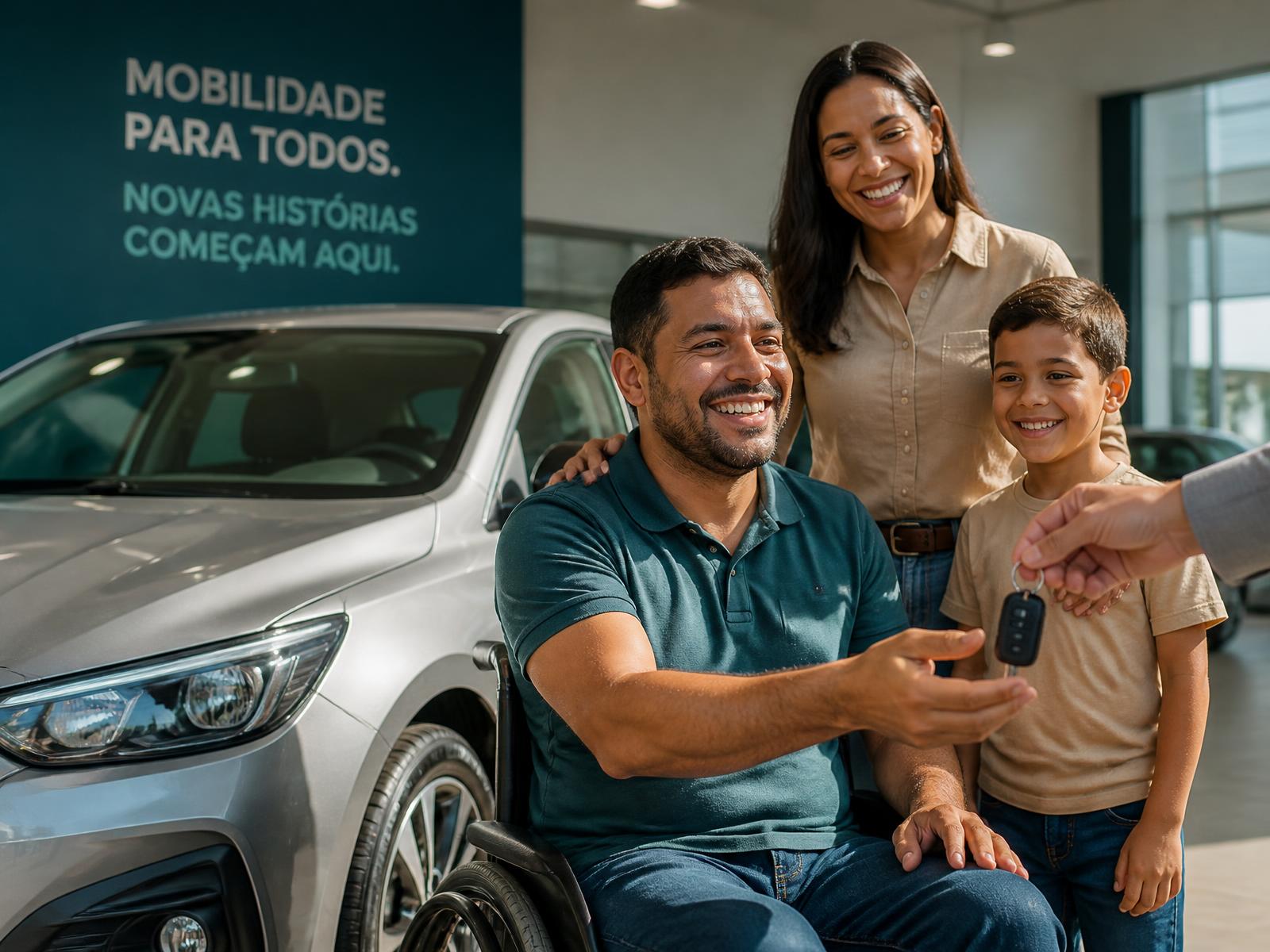 Família comemorando a entrega das chaves de um carro novo adquirido com isenção PCD